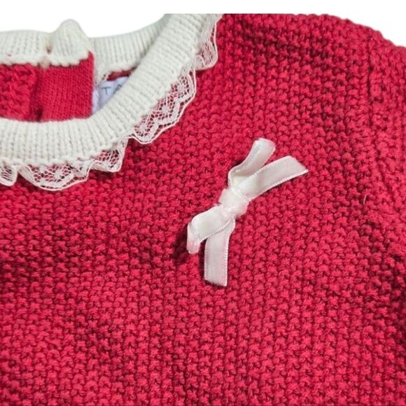 Tahari Baby Red Crochet Knitted Dress Lace Trim Beanie Hat Velvet Bow Infant Cap - Picture 5 of 10